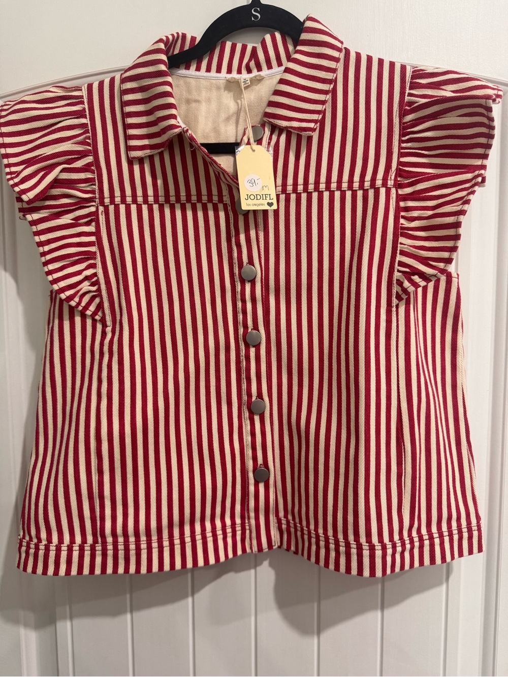 JODIFL Red & Cream Striped Ruffle Sleeve Button-Front Top